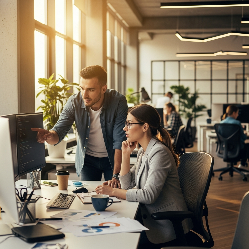 two developers in a bright modern office discussing technical work, warm light, candid documentary style, wide cinematic