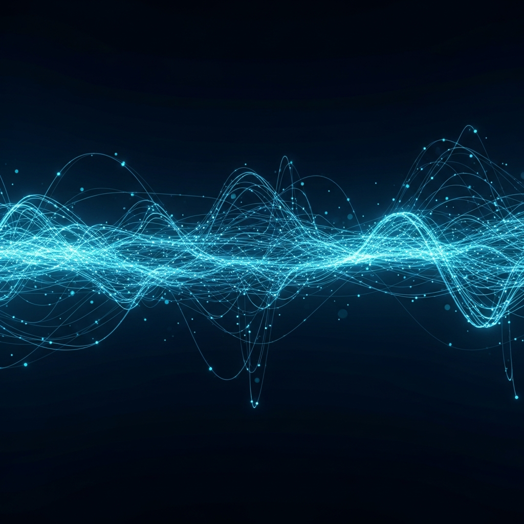 abstract code streams and data flow lines, dark navy blue background, subtle electric cyan accents, cinematic wide format, no text