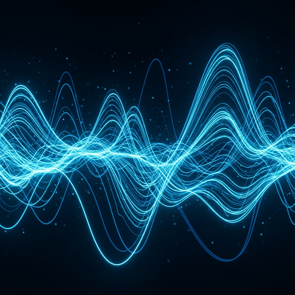 abstract time-series data streams glowing electric cyan and navy blue, futuristic data visualization, dark background, ultra-wide cinematic, no text